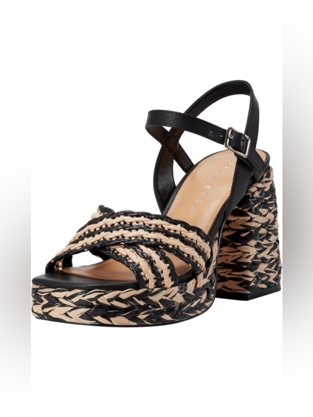 Marc Fisher Black and Beige Braided Platform Sandal with Ankle Strap size 9.5